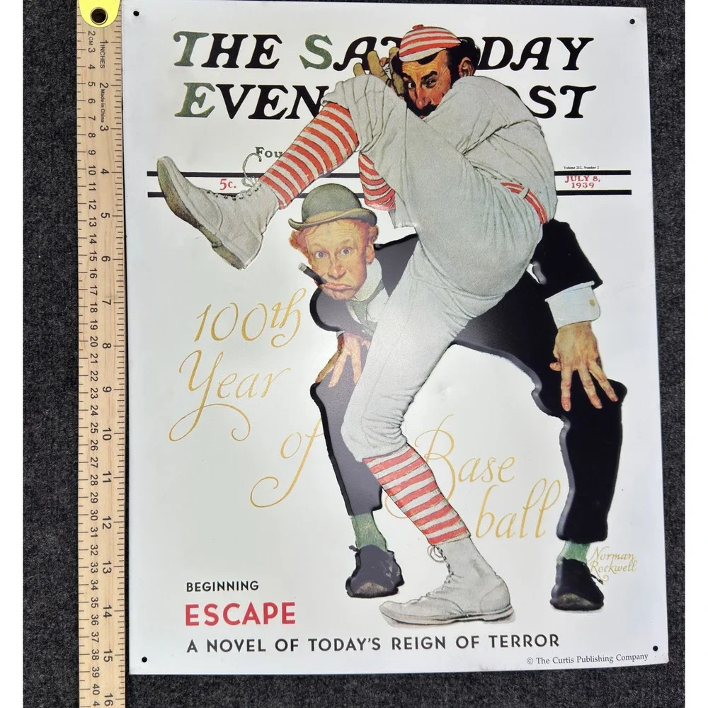 Saturday Evening Post Norman Rockwell 100th Year of Baseball Metal Tin Sign 1939